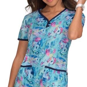 tokidoki Blue Unicorn & Floral V-Neck Scrub Top